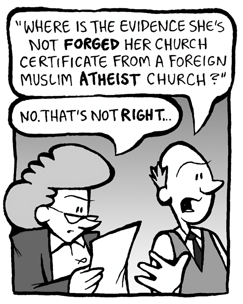 TOMMY: "Where is the evidence she's not FORGED her church certificate from a foreign Muslim ATHEIST church?"
CAROL: No. That's not RIGHT…
